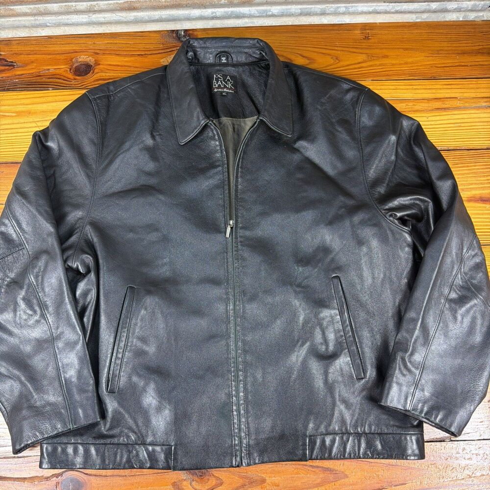 Jos A Bank Men Signature Collection Soft Leather Black Bomber Jacket Sz XL